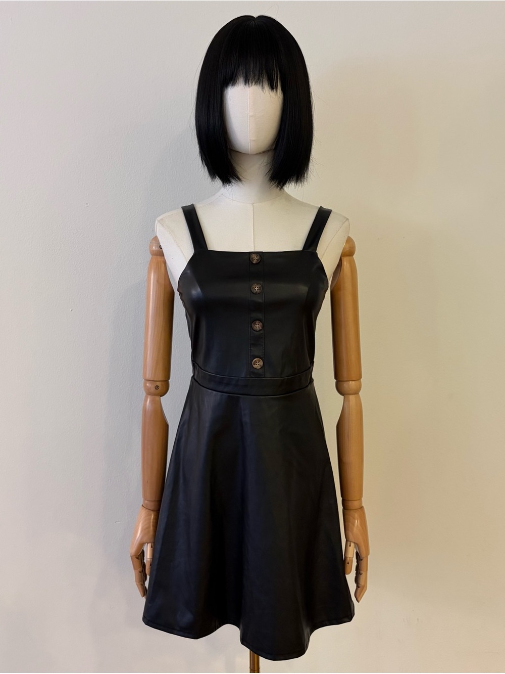 Love Squared Black Faux Leather Pinafore Mini Dress Girls 14 Fits Womens XS⁠